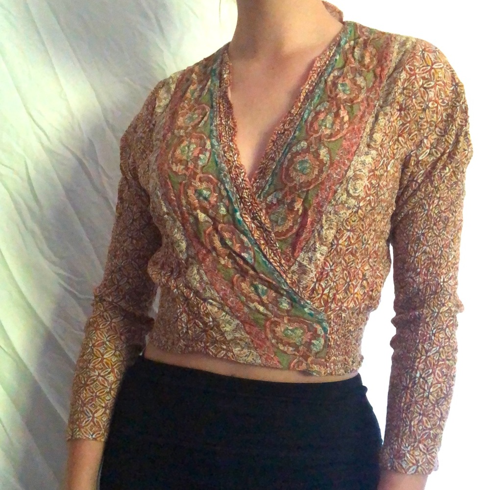 Paisley patterned wrap long sleeve top